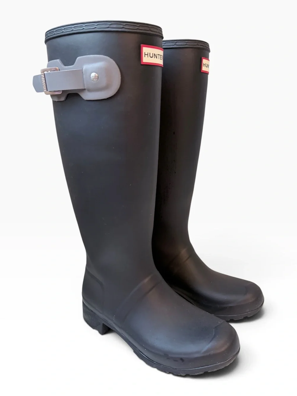 Hunter Tour Packable Tall Rubber Rain Boots Black Grey Size 6